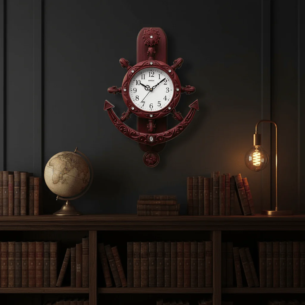 Oreva Decorative Nautical Wall Clock 40×28cm | AQ2327 | Anchor & Ship Wheel Design | Rich Red Wood Finish - Image 2