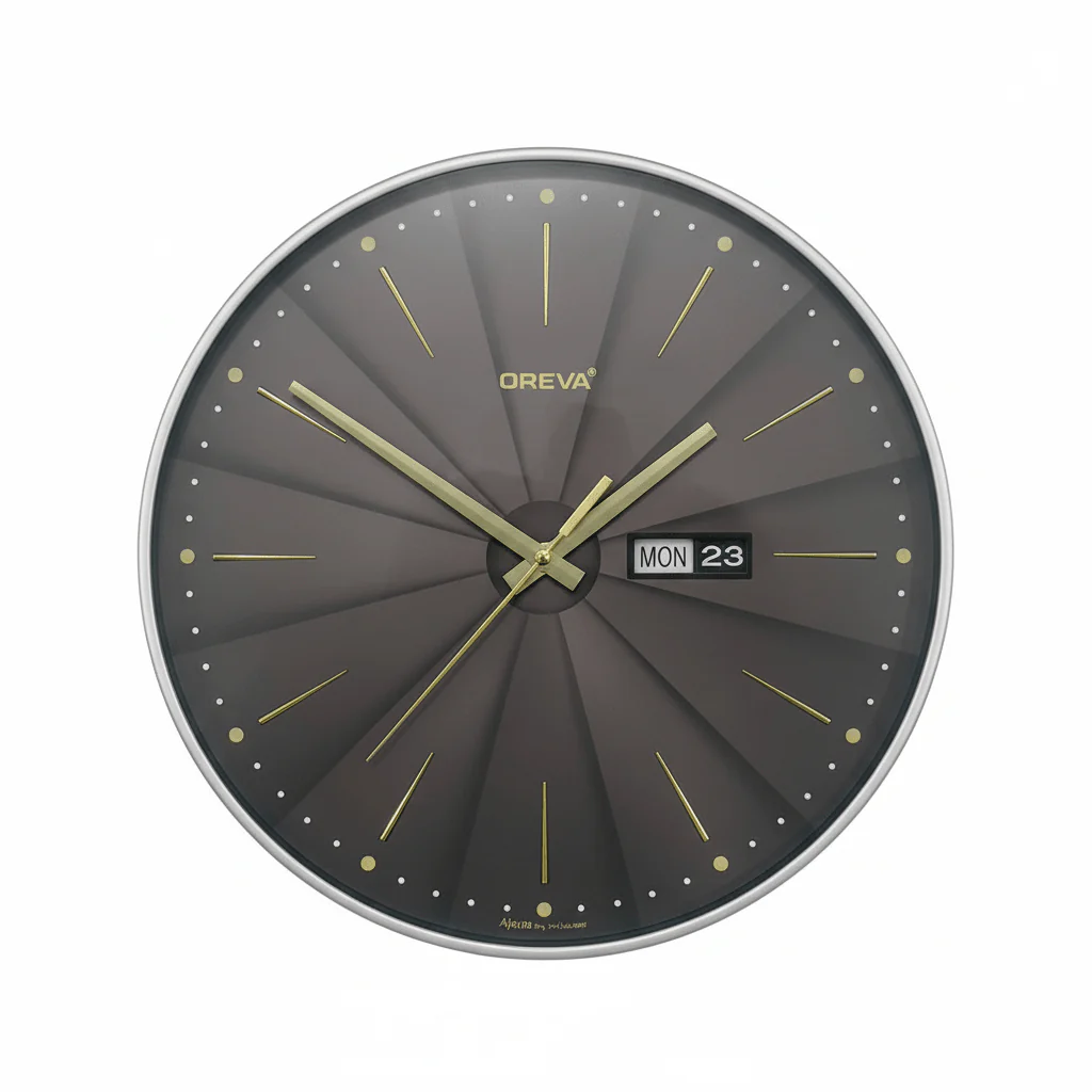 Oreva Premium Wall Clock 40cm – Grey/Black Sunburst Dial with Gold Accents & Day-Date Display | AQ9597