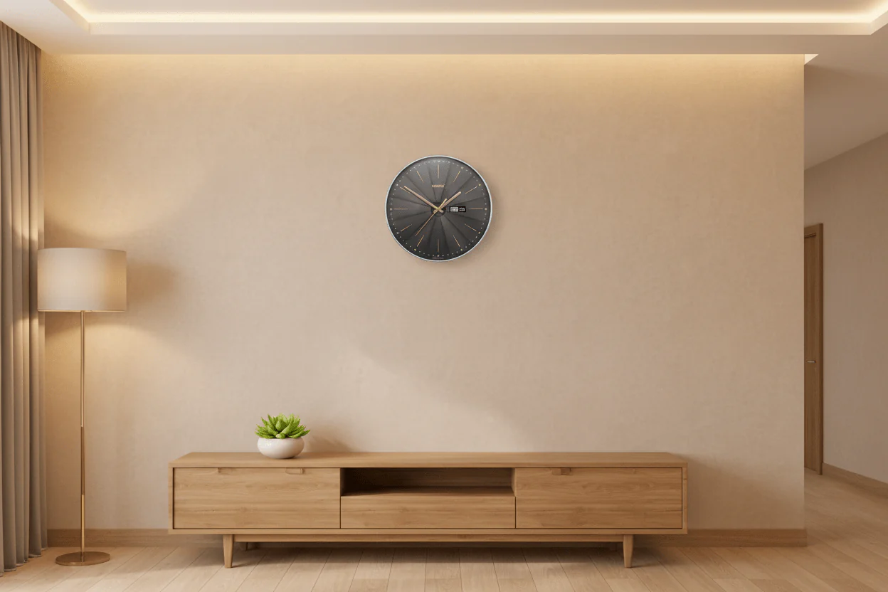 Oreva Premium Wall Clock 40cm – Grey/Black Sunburst Dial with Gold Accents & Day-Date Display | AQ9597 - Image 2