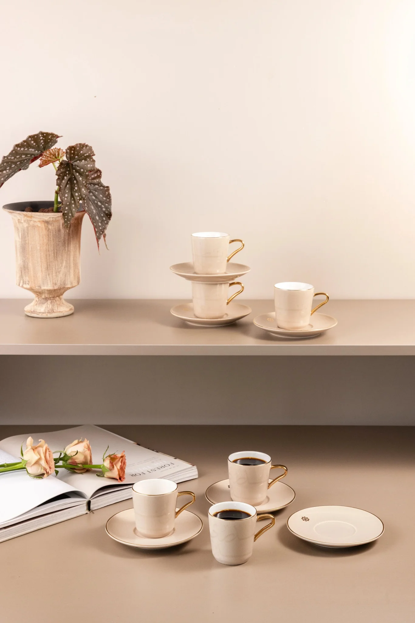 Otantik Mirral Luxury 12-Piece Turkish Coffee Cup & Saucer Set – Beige with Gold Accent 115CC