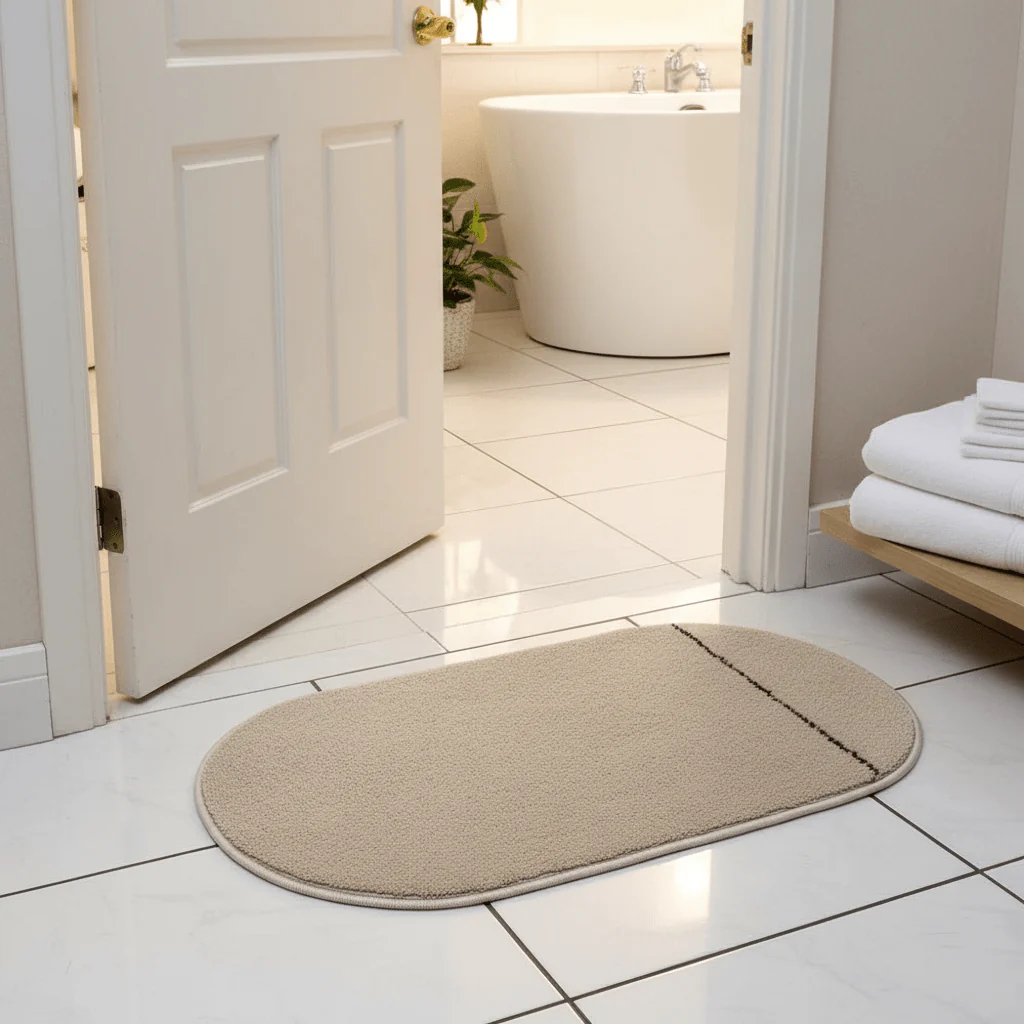 Oval Door Mat | Non-Slip Plush Entrance Rug with Accent Stripe | 62 × 38cm | Beige | Ideal for Home Entryway, Bathroom & Living Room - Image 2