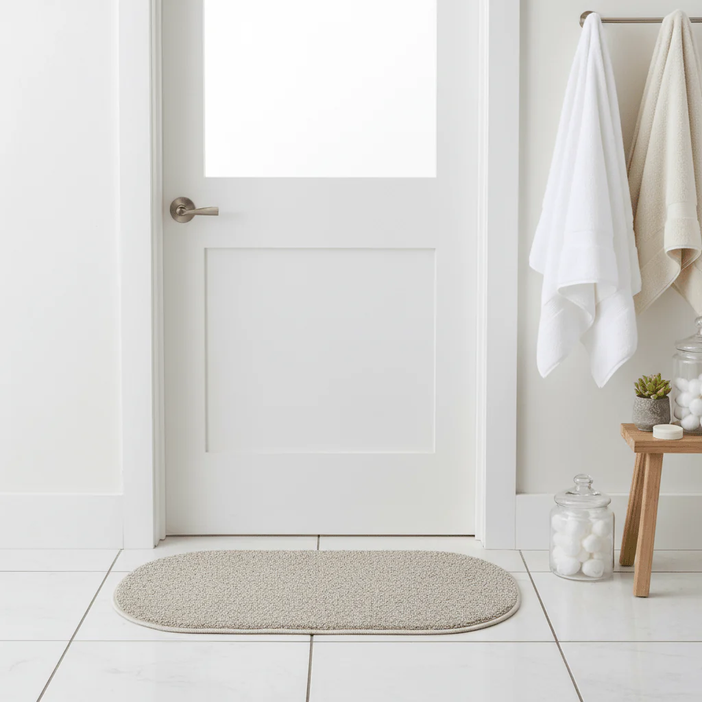 Oval Door Mat 62×38cm | Soft Loop Pile Rug | Non-Slip Entrance Mat for Home, Bathroom & Living Room | Beige Speckled Design | Durable Serged Edges - Image 3