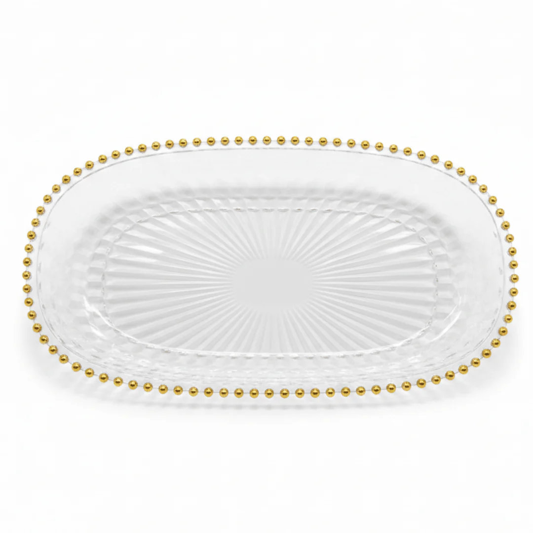 Oval Elegant Crystal-Clear Acrylic Serving Tray with Gold Bead Rim