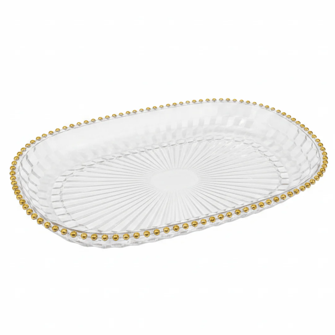Oval Elegant Crystal-Clear Acrylic Serving Tray with Gold Bead Rim - Image 4