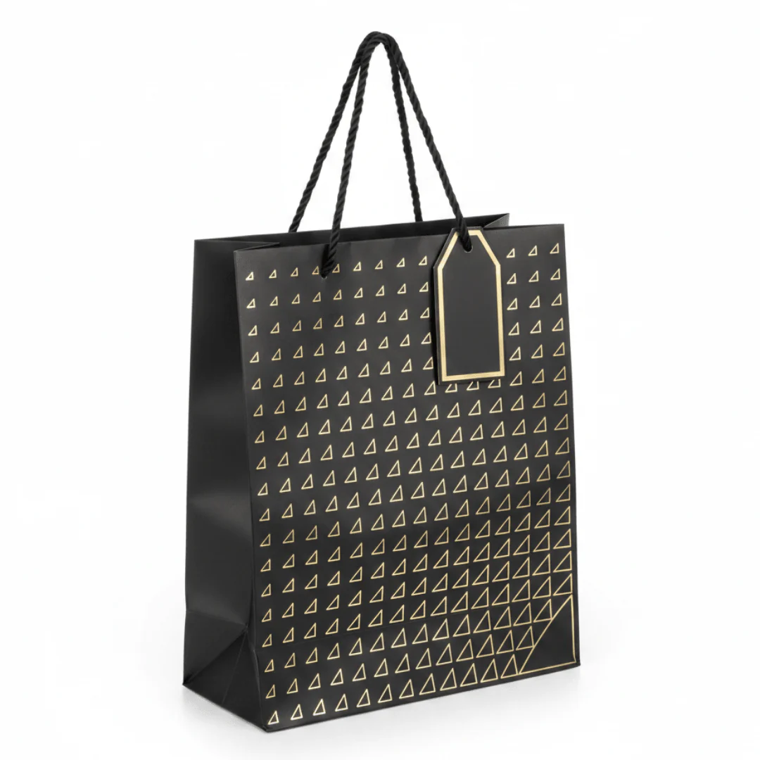 Paper Gift Bag with Gold Triangle Pattern & Rope Handles – 32×26cm | Premium Gift Packaging for All Occasions