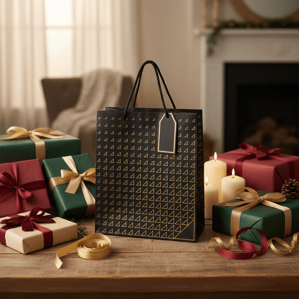 Paper Gift Bag with Gold Triangle Pattern & Rope Handles – 32×26cm | Premium Gift Packaging for All Occasions - Image 2