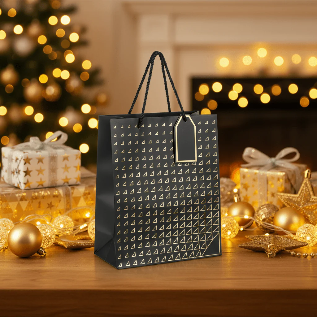 Paper Gift Bag with Gold Triangle Pattern & Rope Handles – 32×26cm | Premium Gift Packaging for All Occasions - Image 3