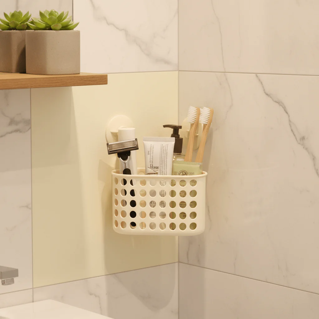 Pastel Light Yellow Wall-Mount Toothbrush Holder and Bathroom Organizer – 20 × 12 cm - Image 2