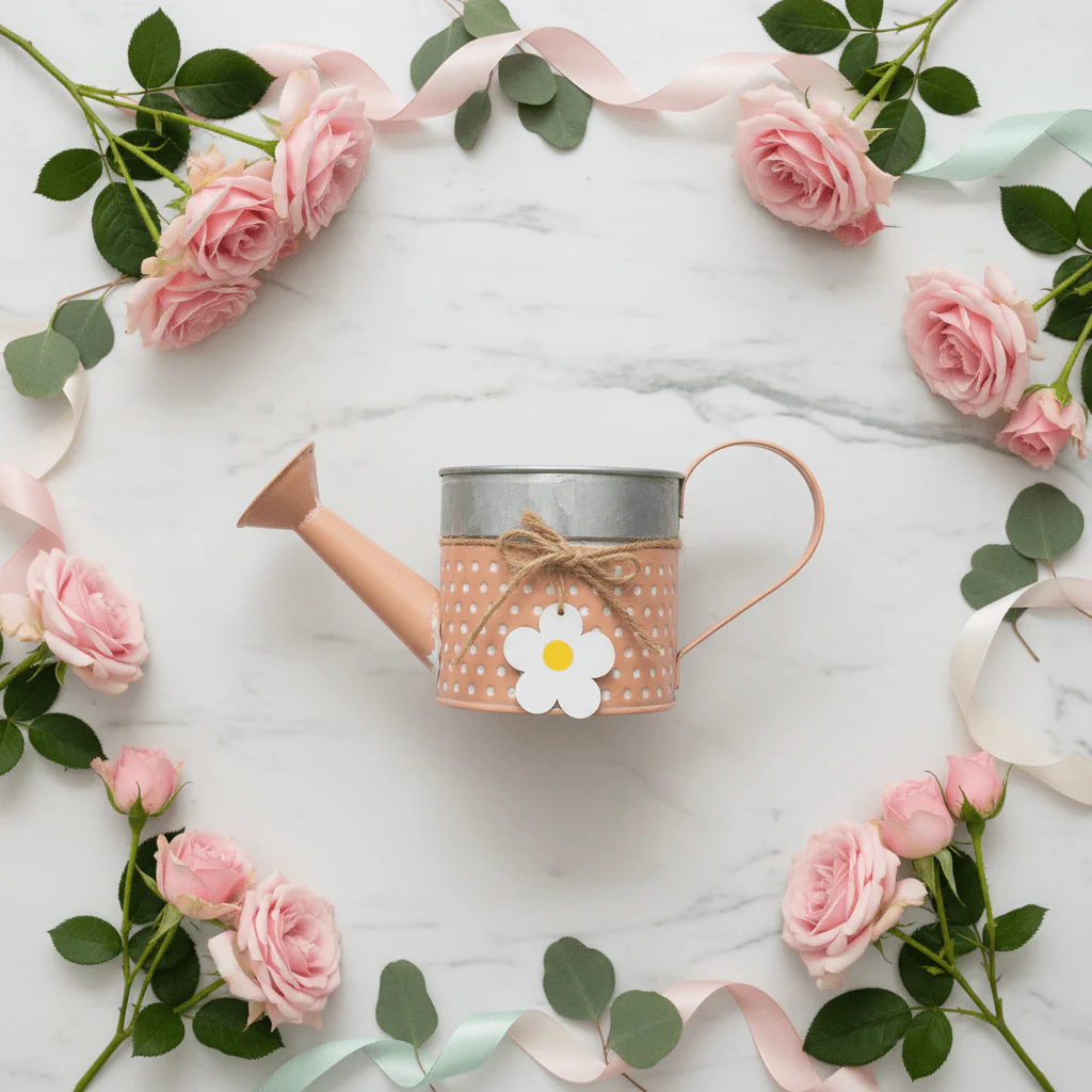 Peach Metal Decorative Watering Can | Vintage Floral Home Décor | 10×10 cm - Image 4