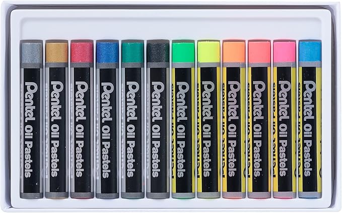 PENTEL Fluorescent and Metallic Oil Pastels Set of 12 Assorted Colours - Image 3