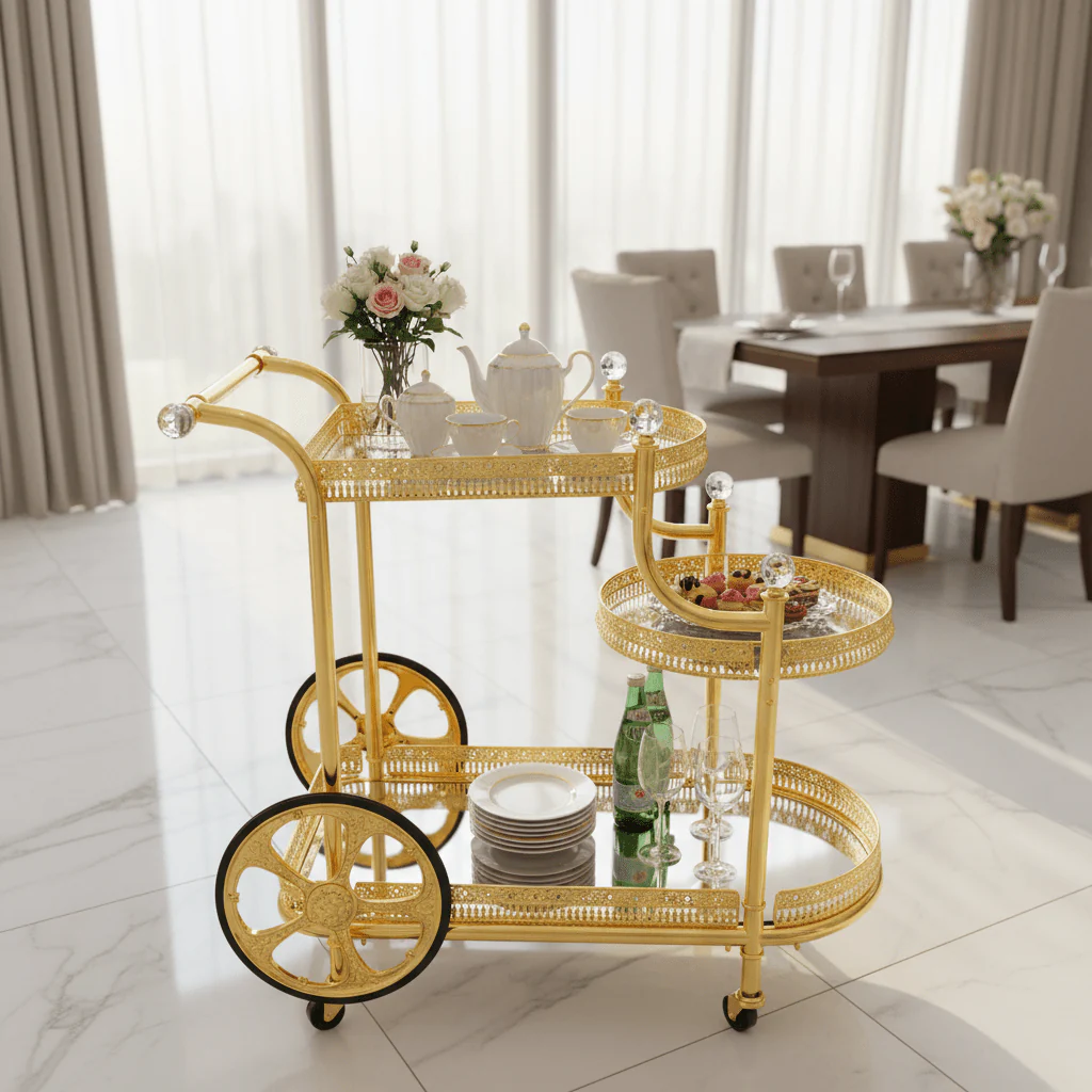 Pilsco 3-Tier Gold Metal & Mirror Glass Serving Trolley Cart | Ornate Filigree Design with Crystal Finials & Decorative Wheels | Luxury Hospitality & Majlis Tea Trolley | 80 x 80x 50 cm - Image 2