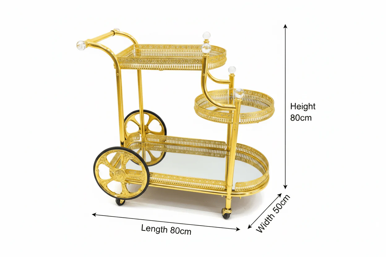 Pilsco 3-Tier Gold Metal & Mirror Glass Serving Trolley Cart | Ornate Filigree Design with Crystal Finials & Decorative Wheels | Luxury Hospitality & Majlis Tea Trolley | 80 x 80x 50 cm - Image 4