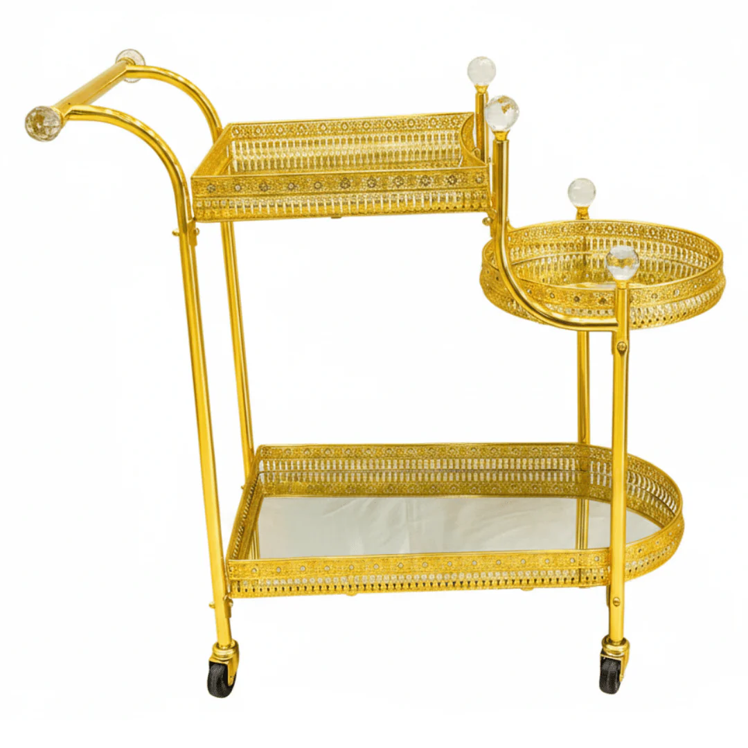 Pilsco 3-Tier Gold Metal & Mirrored Glass Serving Trolley Cart with Crystal Finials & Ornate Filigree Design | Luxury Hospitality & Majlis Tea Trolley on Wheels | 70 x 60 x 34 cm