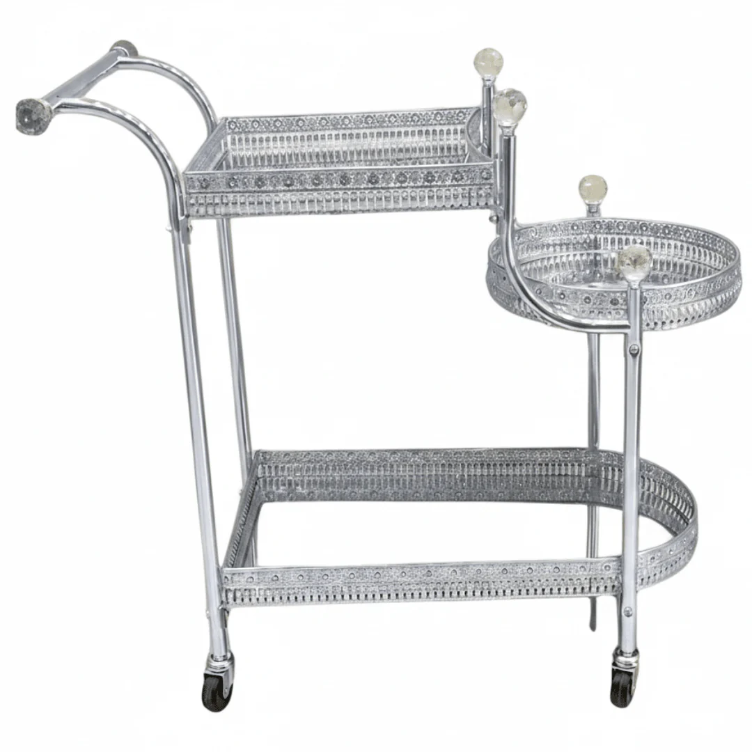 Pilsco 3-Tier Silver Chrome Metal Ornate Serving Trolley with Round Side Tray and Wheels | Majlis & Hospitality Tea Cart | 70cmx60x34cm