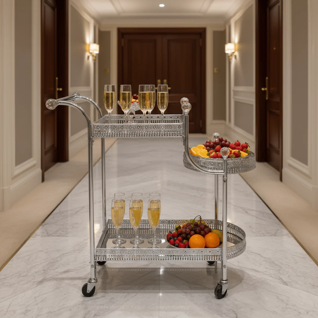 Pilsco 3-Tier Silver Chrome Metal Ornate Serving Trolley with Round Side Tray and Wheels | Majlis & Hospitality Tea Cart | 70cmx60x34cm - Image 3