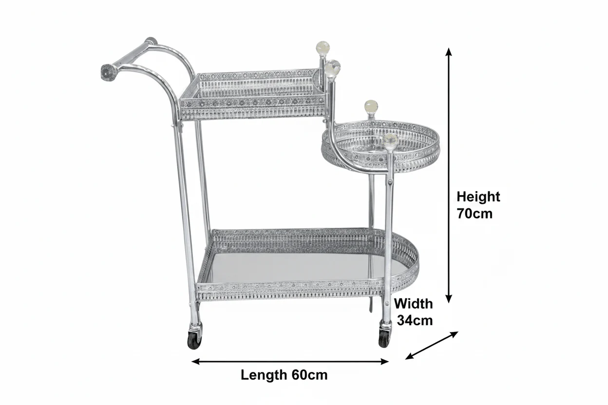 Pilsco 3-Tier Silver Chrome Metal Ornate Serving Trolley with Round Side Tray and Wheels | Majlis & Hospitality Tea Cart | 70cmx60x34cm - Image 5