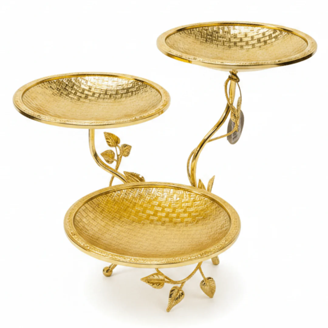 Pilsco Designer Gold 3-Tier Round Fruit Stand with Leaf Pattern Luxury Serving Display for Desserts & Fruits – 20 × 30 cm