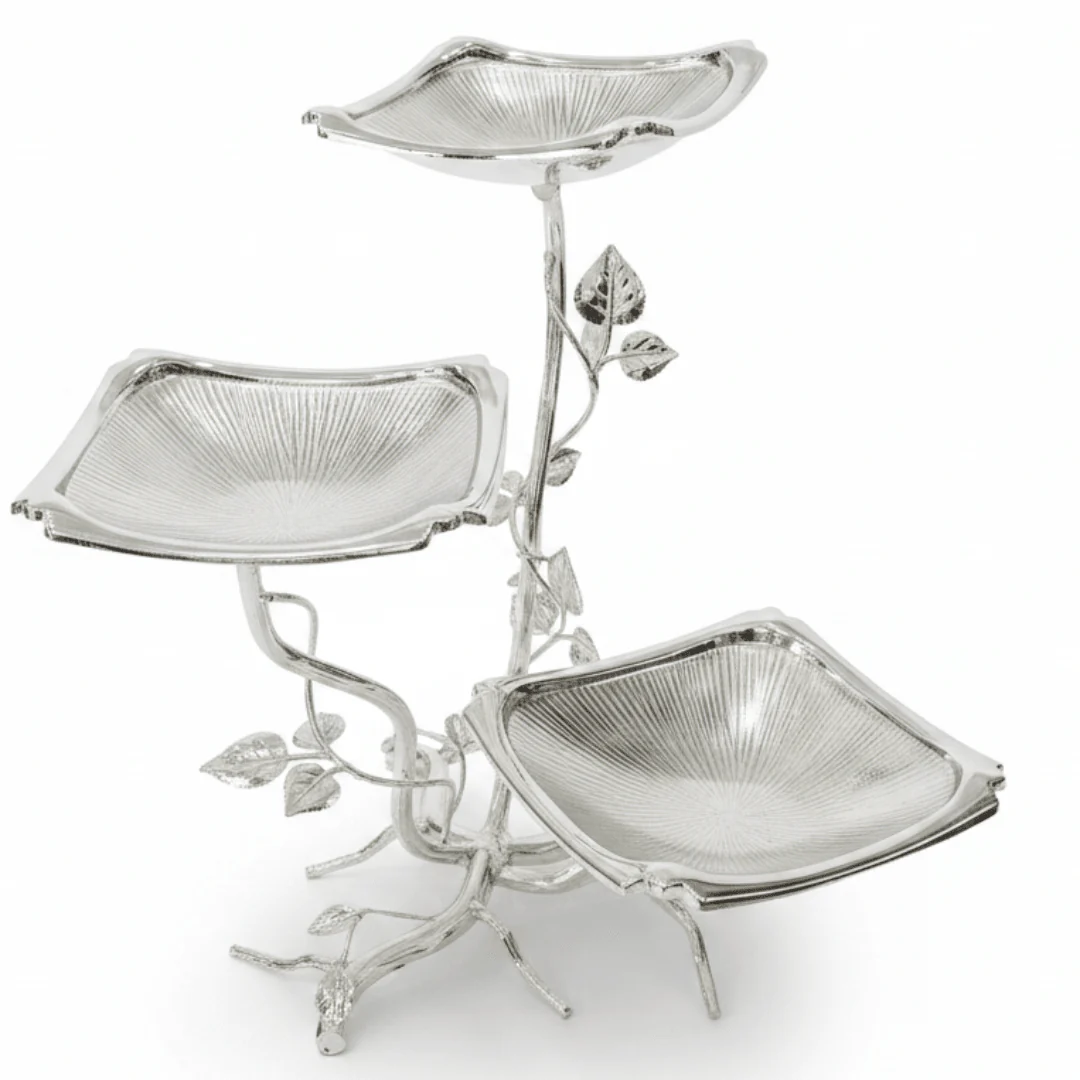 Pilsco Elegant Silver Leaf Design 3-Tier Square Fruit Stand – Decorative Serving Tray for Fruits, Cakes & Sweets – 14 × 28 cm