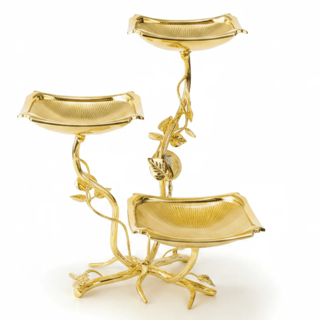 Pilsco Luxury Gold Leaf Design 3-Tier Square Fruit Display Stand – Premium Serving Tray for Desserts & Occasions – 14 × 28 cm