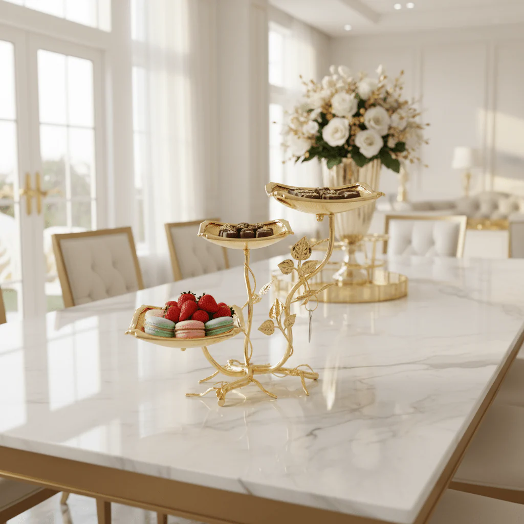 Pilsco Luxury Gold Leaf Design 3-Tier Square Fruit Display Stand – Premium Serving Tray for Desserts & Occasions – 14 × 28 cm - Image 2