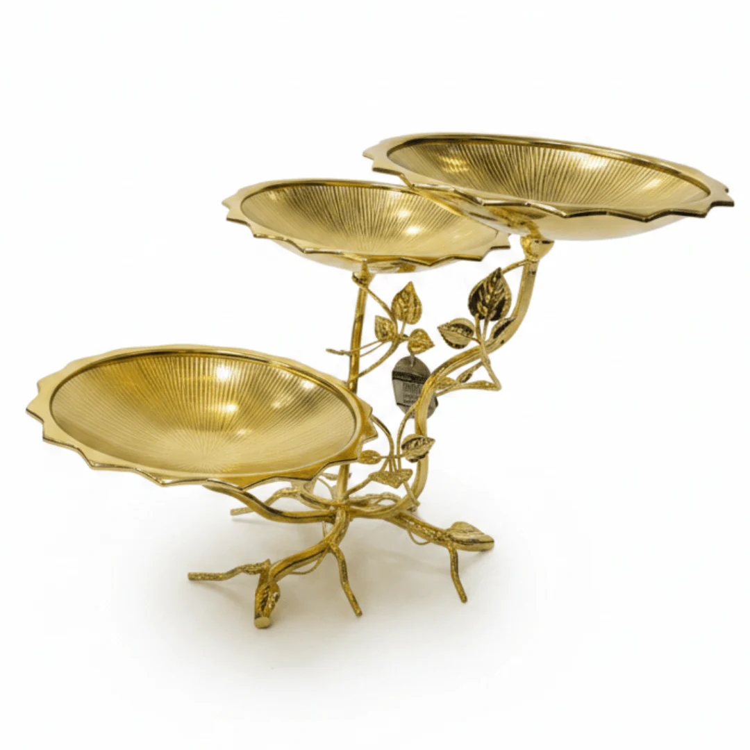 Pilsco Round 3-Tier Gold Fruit Stand with Leaf Design – Decorative Serving Tray for Events, Parties & Home Use – 20 × 30 cm