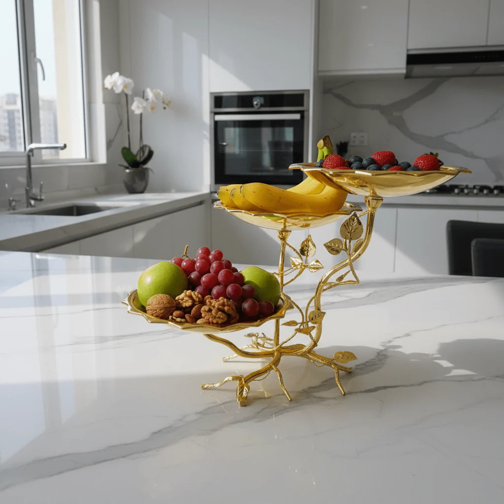 Pilsco Round 3-Tier Gold Fruit Stand with Leaf Design – Decorative Serving Tray for Events, Parties & Home Use – 20 × 30 cm - Image 3