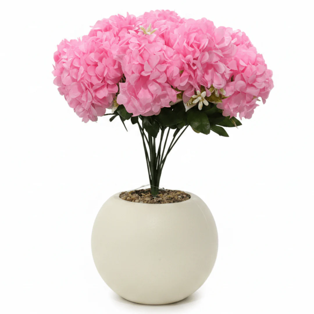 Pink Artificial Hydrangea Flower Arrangement in Cream Ball Pot | 35cm | Premium Faux Floral Decor