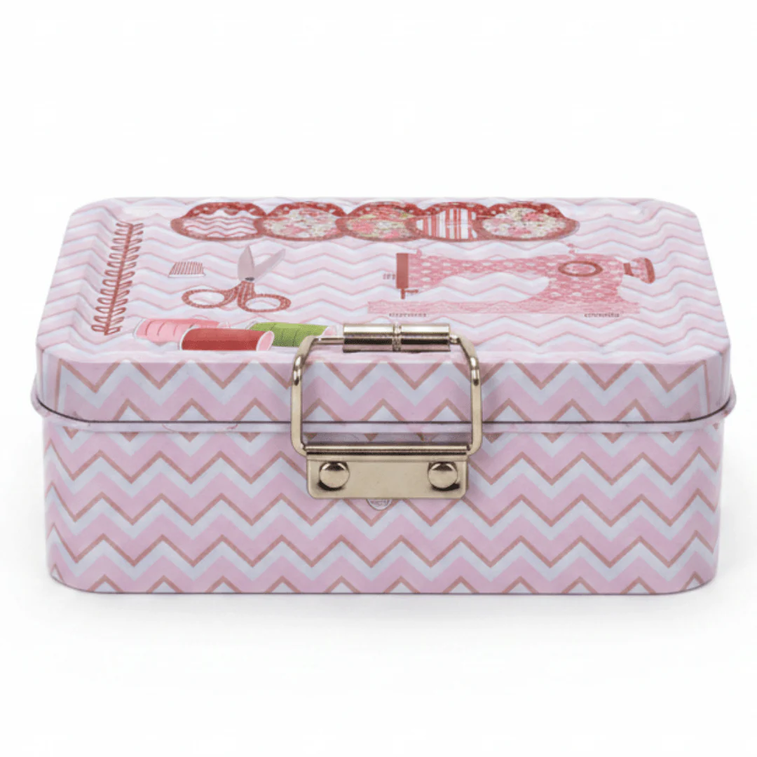 Pink Metal Tin Box — Design 1 12.5 × 9 cm | Charming Sewing-Themed Storage Box