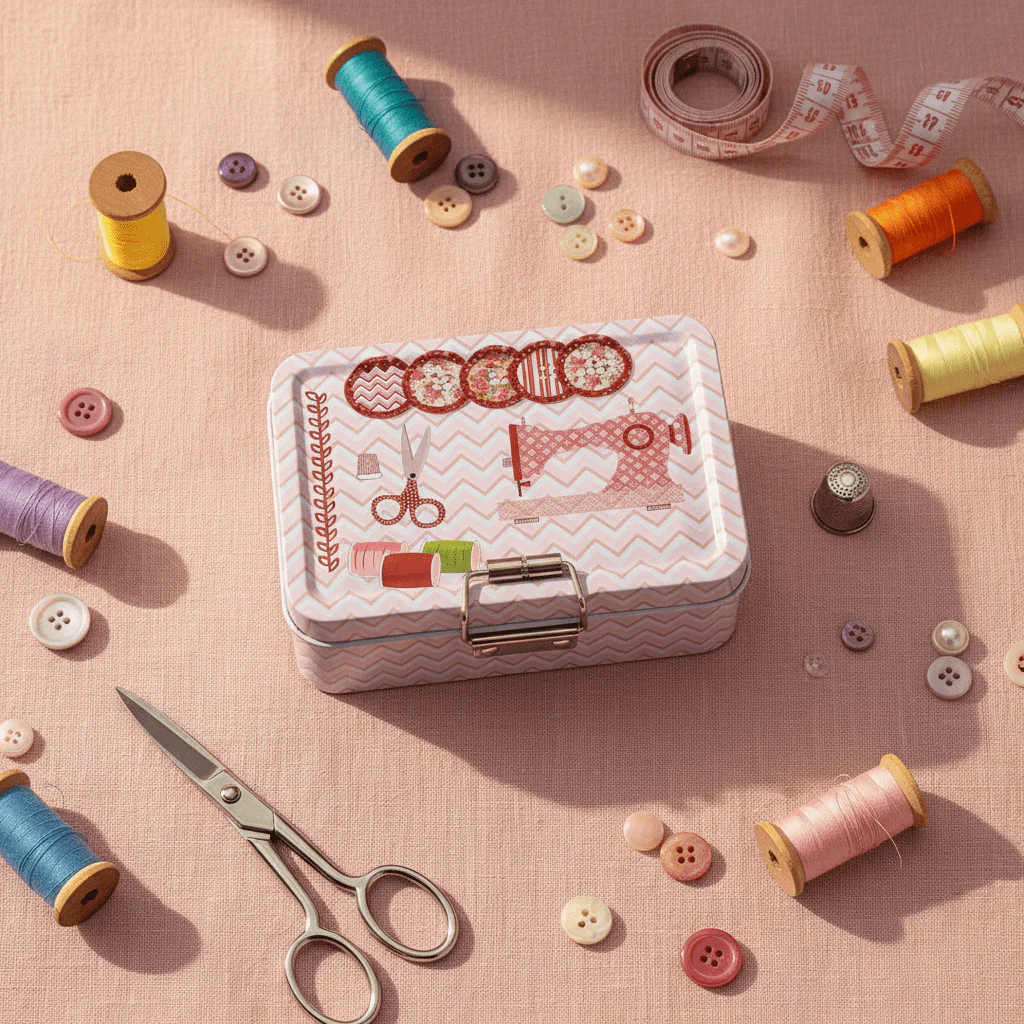 Pink Metal Tin Box — Design 1 12.5 × 9 cm | Charming Sewing-Themed Storage Box - Image 2
