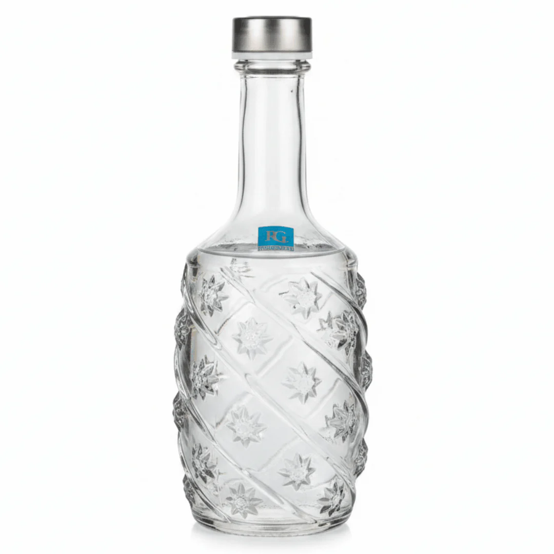 Pishgaman Elegant Embossed Floral Glass Water Bottle 1 Litre – Premium Crystal-Clear Carafe with Silver Lid for Home, Dining & Gifting