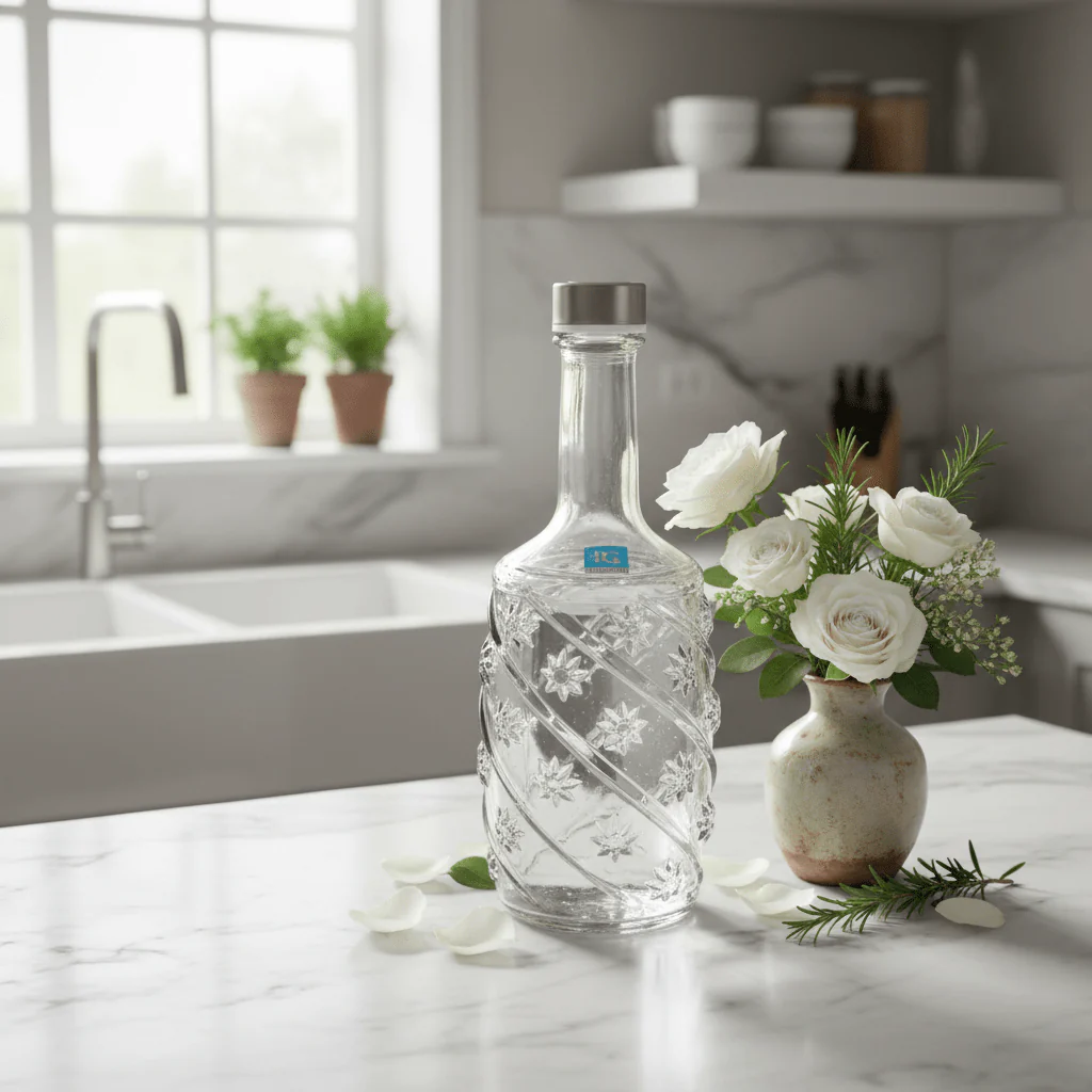 Pishgaman Elegant Embossed Floral Glass Water Bottle 1 Litre – Premium Crystal-Clear Carafe with Silver Lid for Home, Dining & Gifting - Image 2
