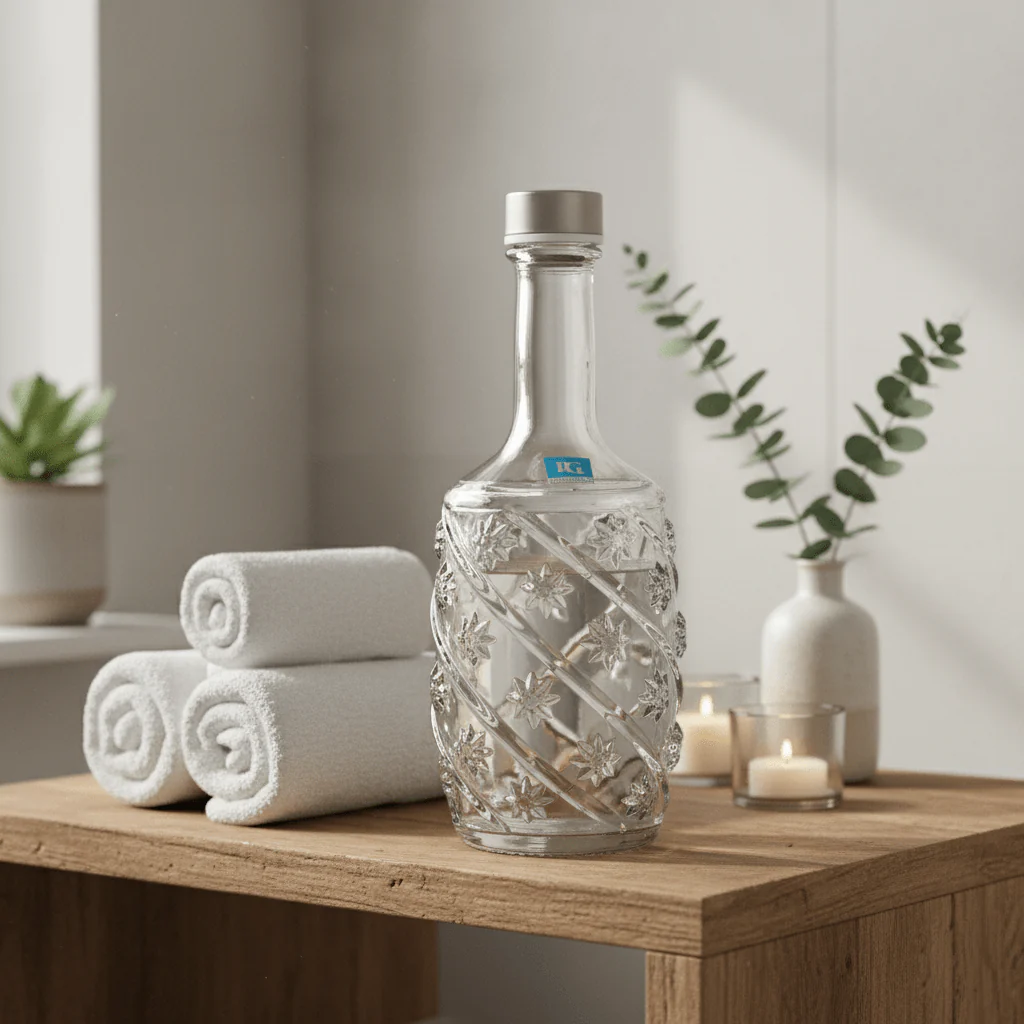Pishgaman Elegant Embossed Floral Glass Water Bottle 1 Litre – Premium Crystal-Clear Carafe with Silver Lid for Home, Dining & Gifting - Image 4