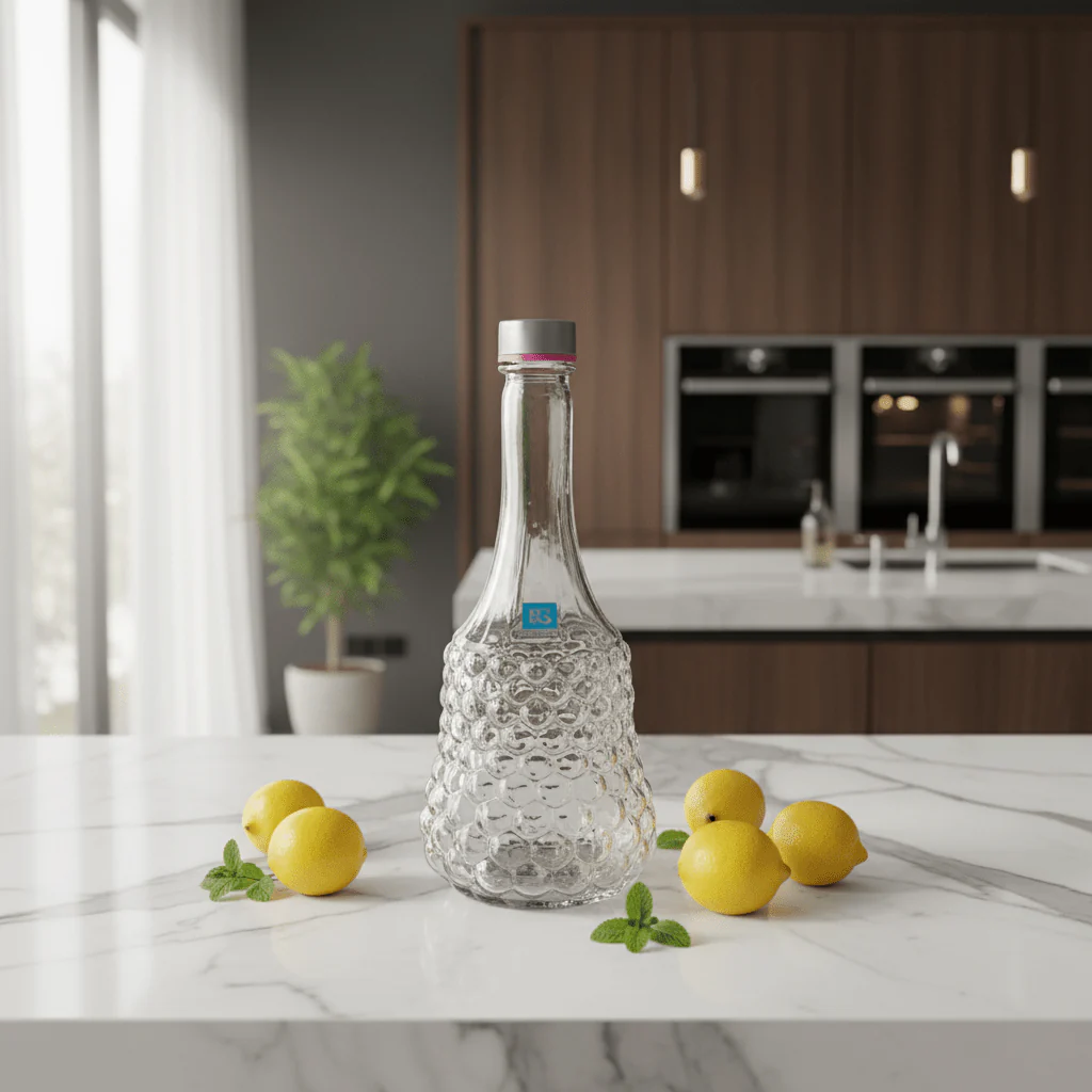 Pishgaman Elegant Textured Glass Water Bottle 1500ml — Premium Bubble Pattern Decanter with Airtight Silver Cap - Image 2