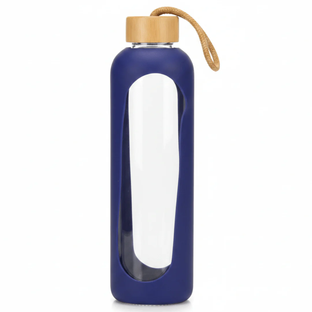 Plain Glass Water Bottle with Navy Blue Silicone Grip Cover – 28 cm