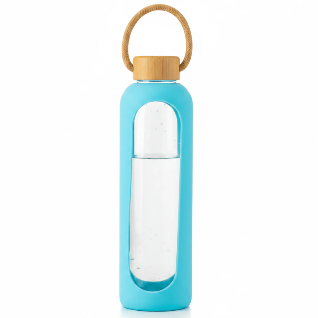 Plain Glass Water Bottle with Sky Blue Protective Silicone Cover – 28 cm