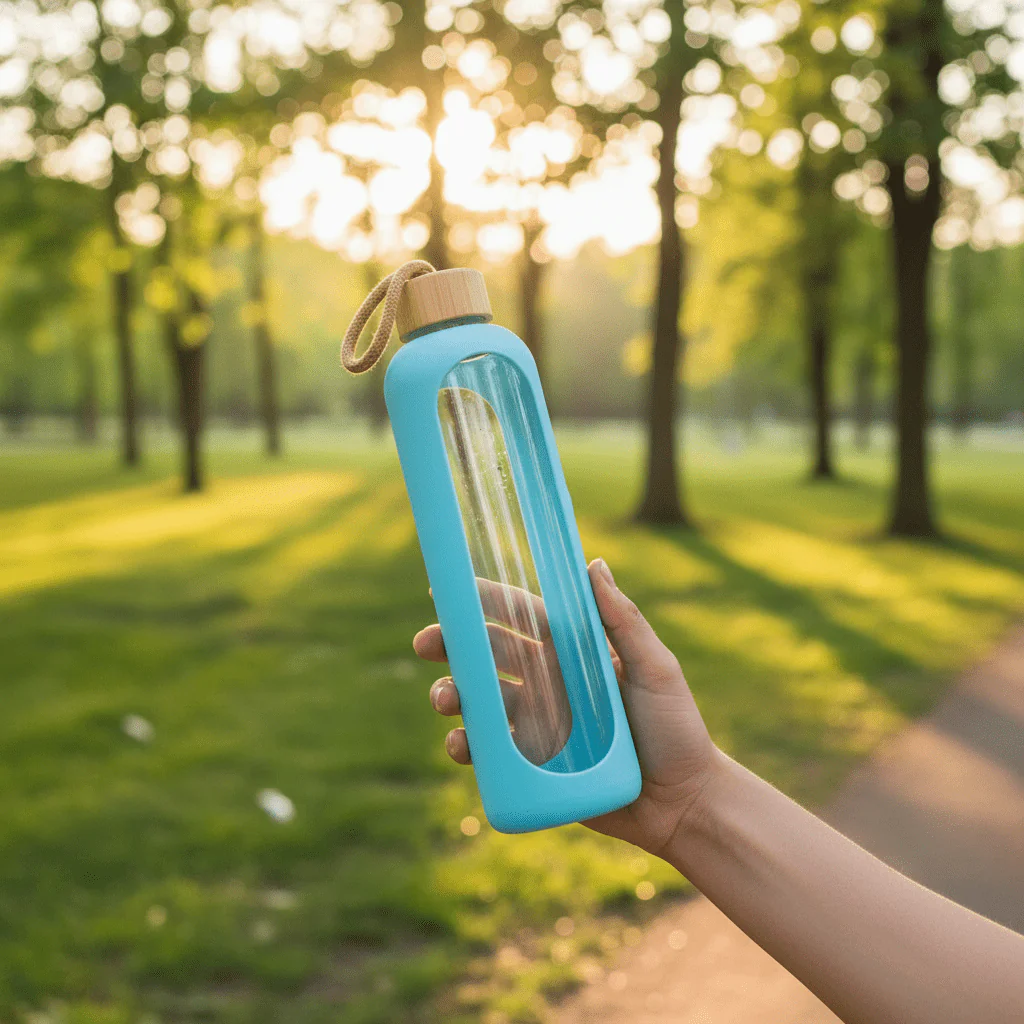 Plain Glass Water Bottle with Sky Blue Protective Silicone Cover – 28 cm - Image 3