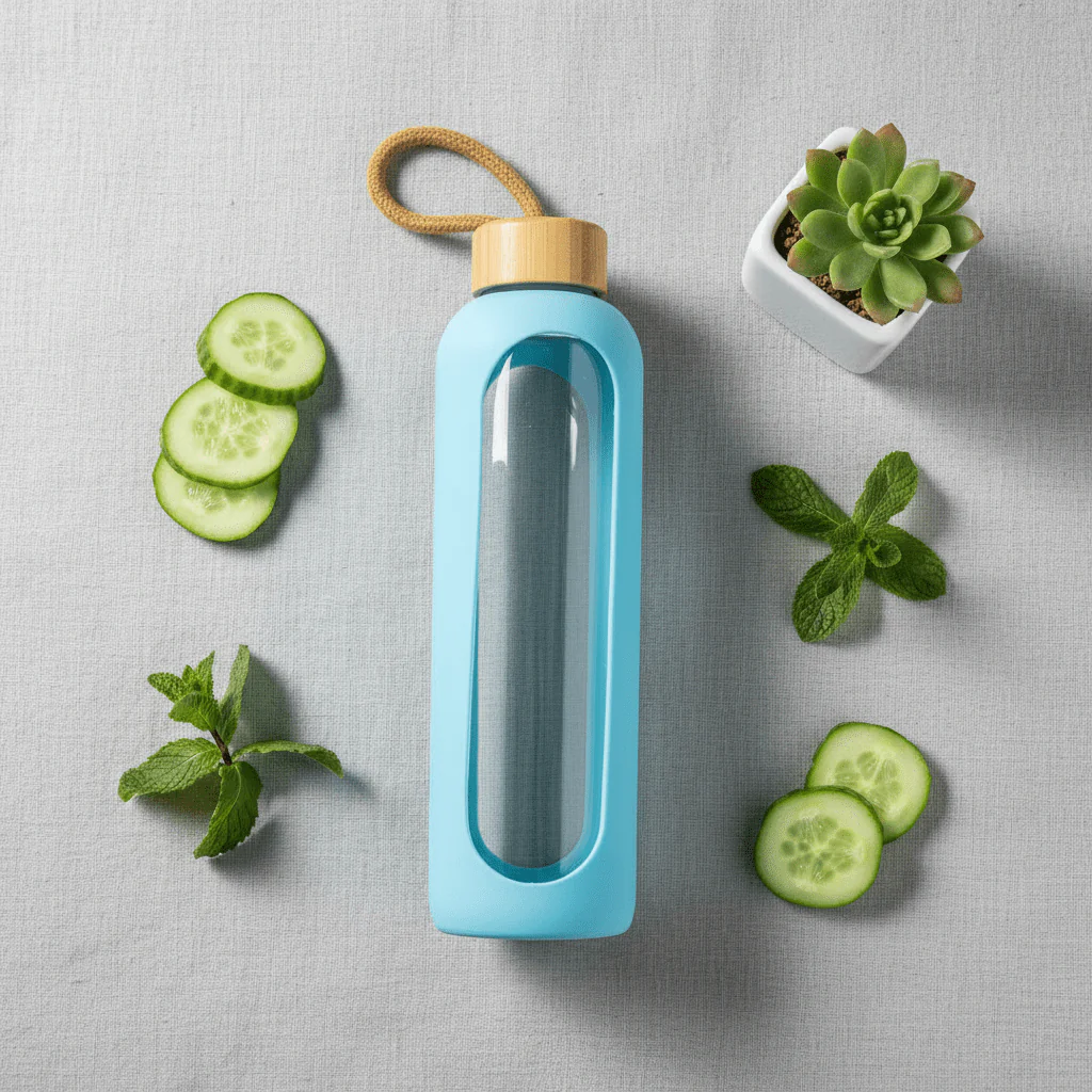 Plain Glass Water Bottle with Sky Blue Protective Silicone Cover – 28 cm - Image 4