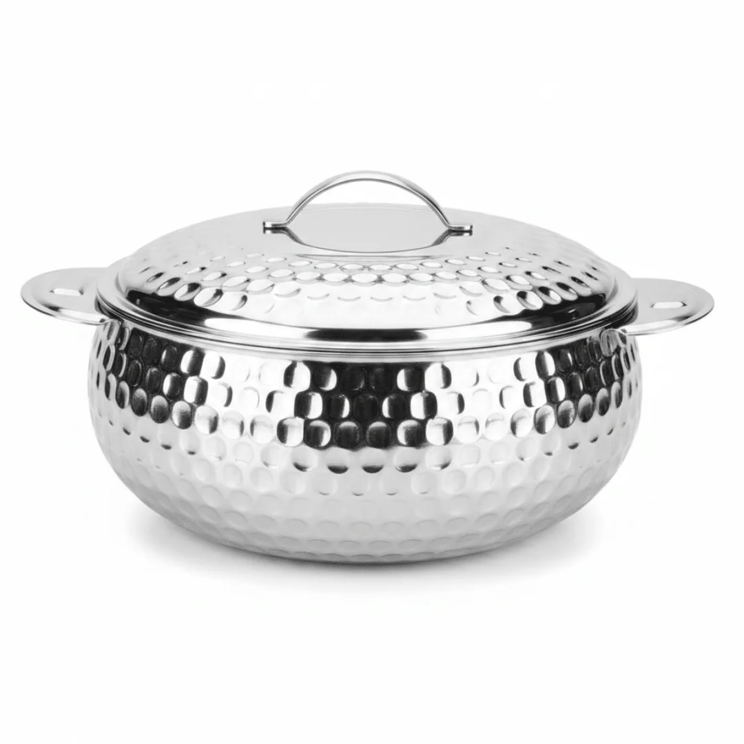 Pradeep Shahla Silver Stainless Steel Hotpot | Hammered Diamond-Texture Insulated Casserole Dish with Lid & Handles |