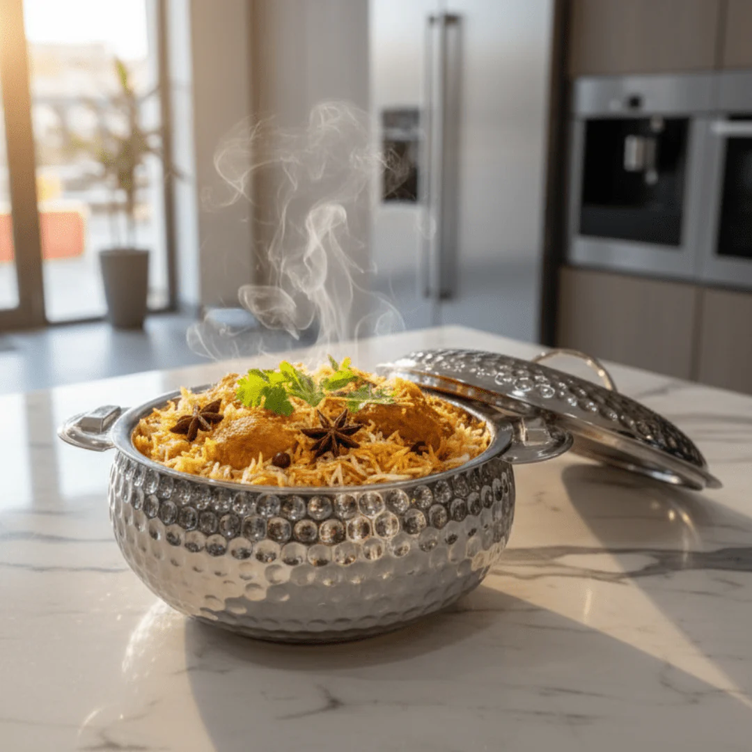 Pradeep Shahla Silver Stainless Steel Hotpot | Hammered Diamond-Texture Insulated Casserole Dish with Lid & Handles | - Image 3