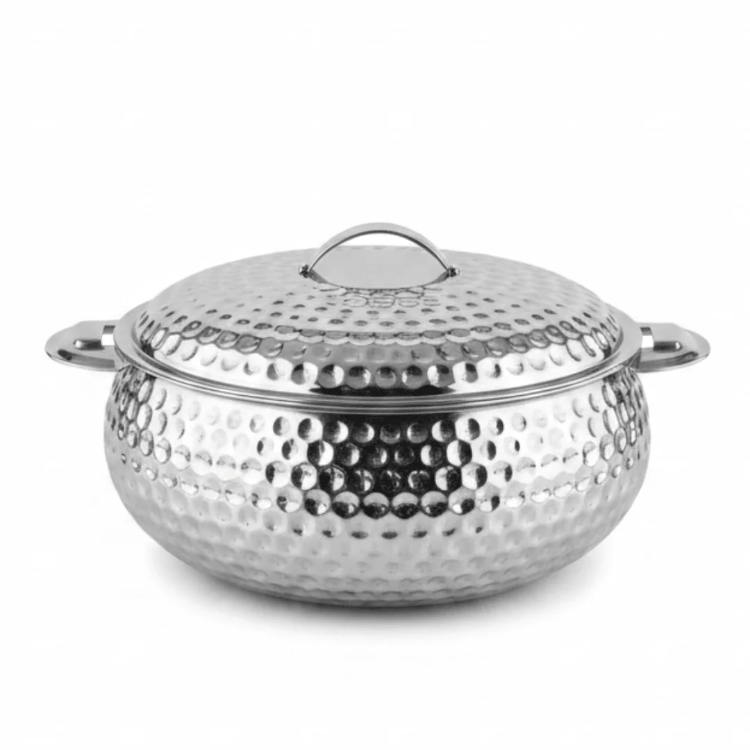 Pradeep Shahla Silver Stainless Steel Hotpot | Hammered Diamond-Texture Insulated Casserole Dish with Lid & Handles | - Image 4