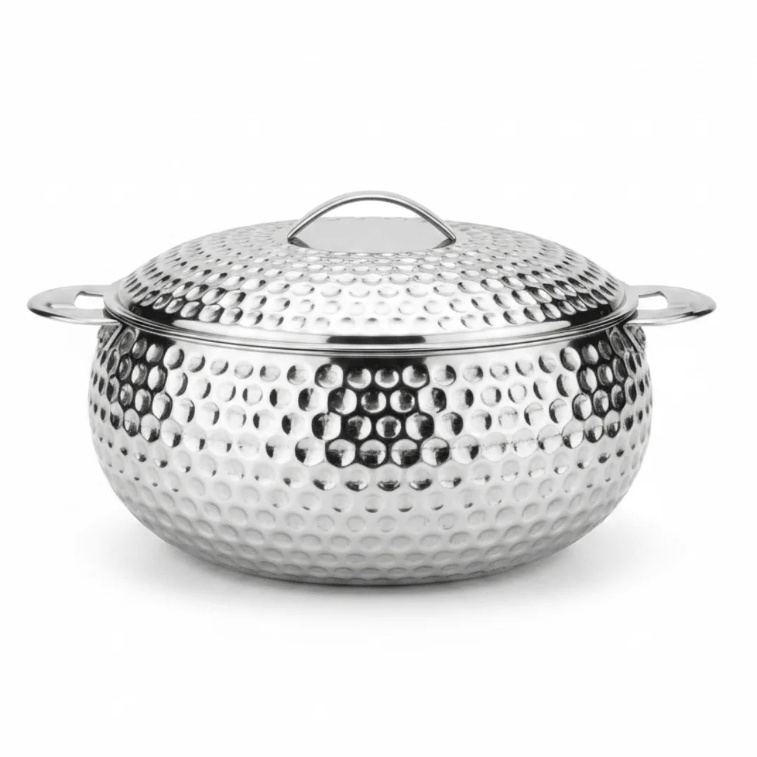 Pradeep Shahla Silver Stainless Steel Hotpot | Hammered Diamond-Texture Insulated Casserole Dish with Lid & Handles | - Image 5