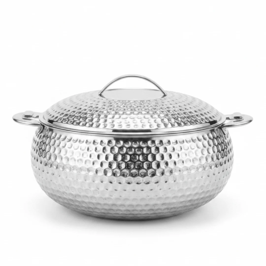 Pradeep Shahla Silver Stainless Steel Hotpot | Hammered Diamond-Texture Insulated Casserole Dish with Lid & Handles | - Image 7