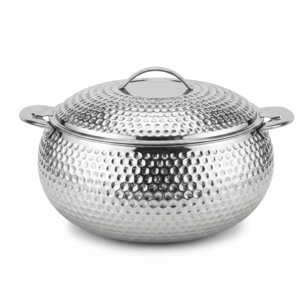 Pradeep Shahla Silver Stainless Steel Hotpot | Hammered Diamond-Texture Insulated Casserole Dish with Lid & Handles | - Image 8