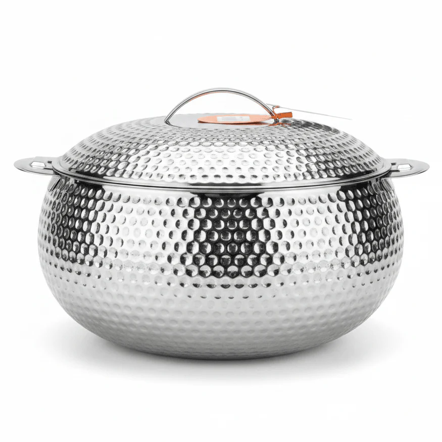 Pradeep Shahla Silver Stainless Steel Hotpot | Hammered Diamond-Texture Insulated Casserole Dish with Lid & Handles | - Image 9