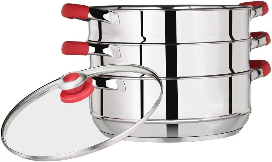 Premier 20cm Stainless Steel 3-Tier Steamer with Glass Lid – Compact Cooker