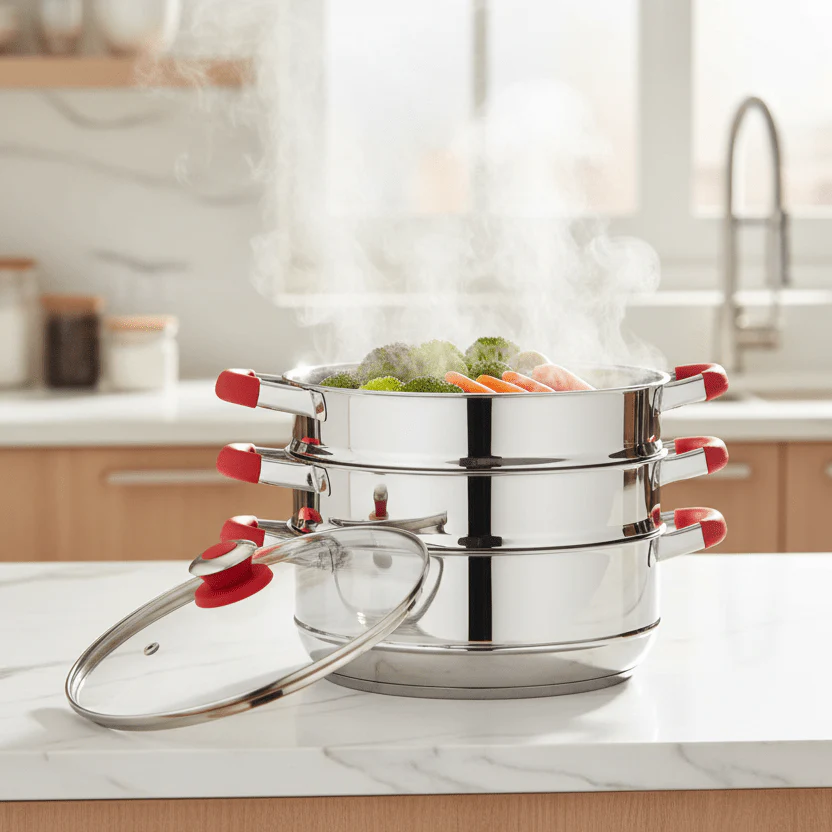 Premier 20cm Stainless Steel 3-Tier Steamer with Glass Lid – Compact Cooker - Image 2