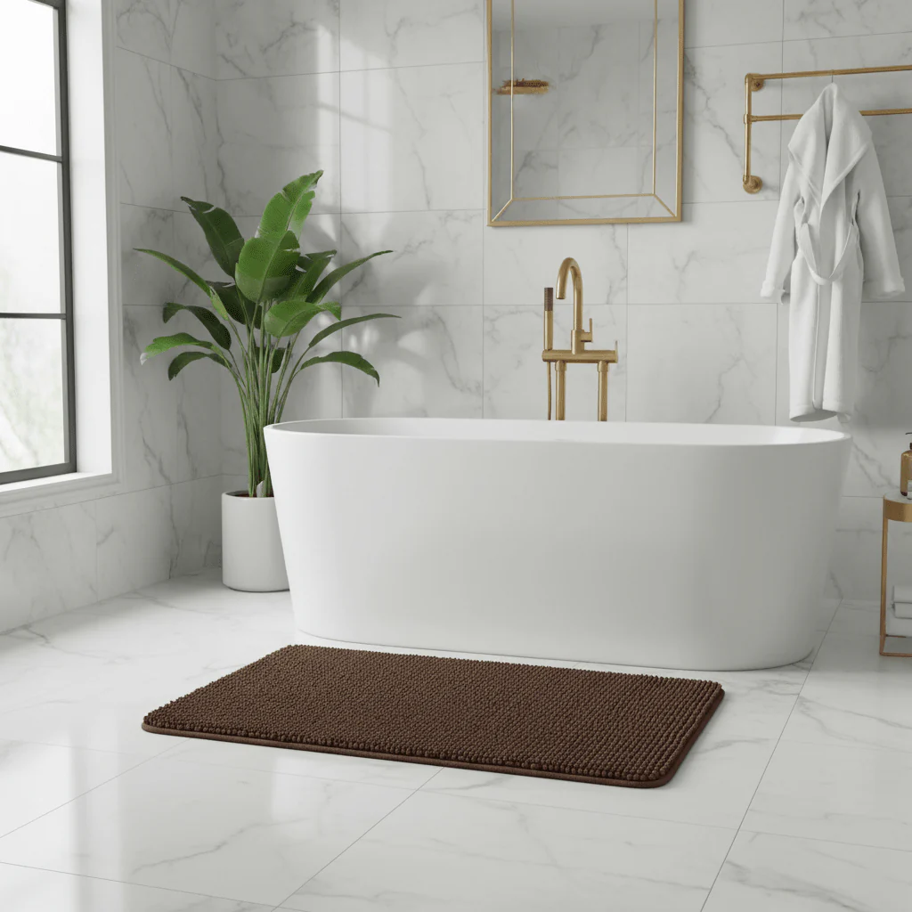 Brown Chenille Bath Mat Non-Slip Rubber Back - 80×100 cm - Image 2