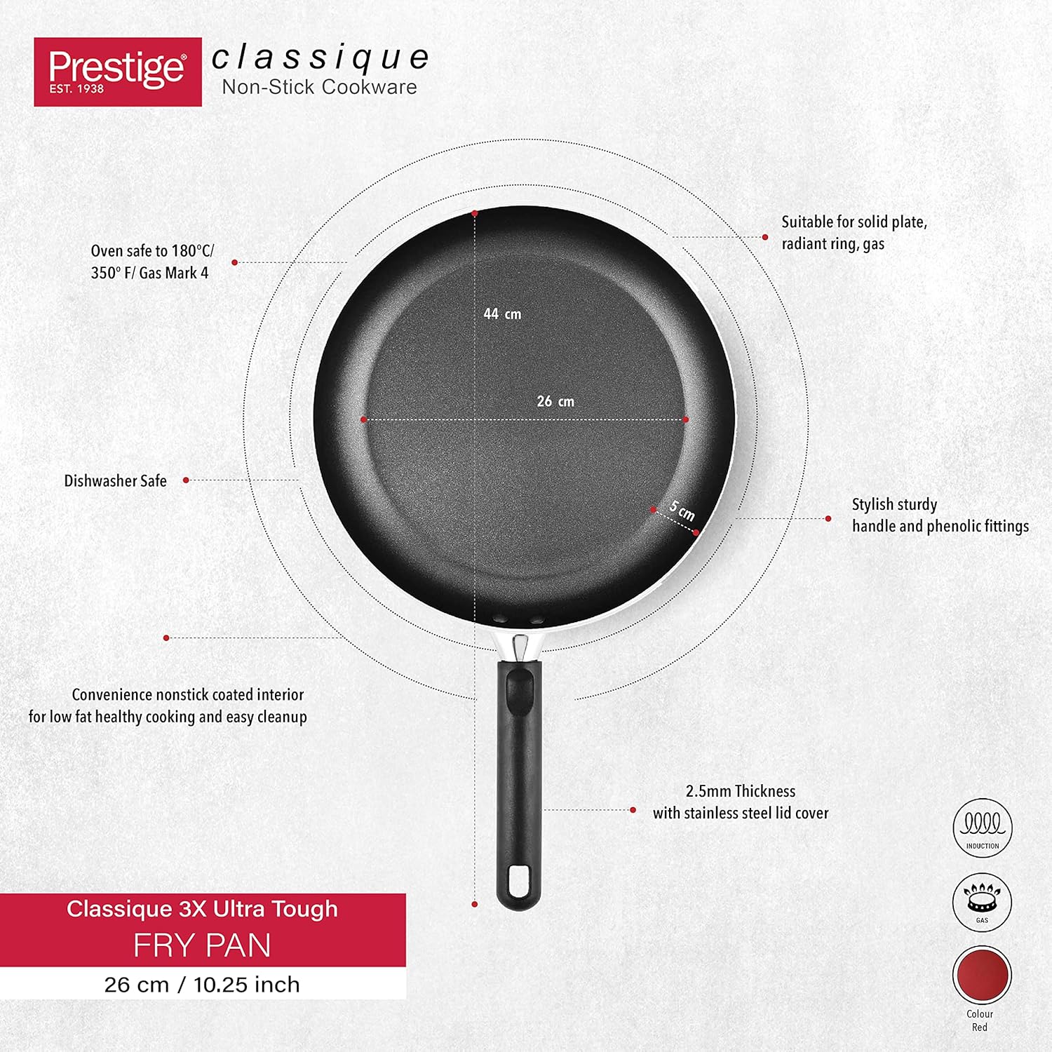 Prestige Classique 3X Ultra Tough Fry Pan, 10.25 Inch, 26 cm, Red - Image 2