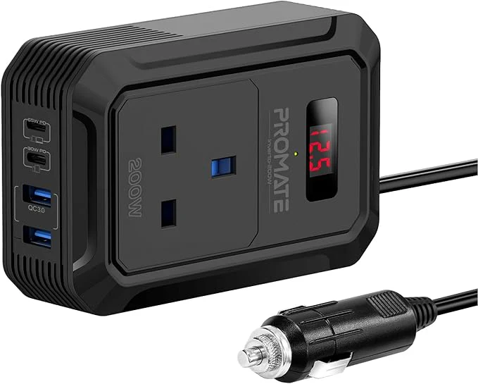 PROMATE 5 in 1 Car Power Inverter DC to AC Multi-Port 200 Watt, Dual USB-C Ports 65 Watt / 30 Watt Power Delivery & Dual QC 18 Watt USB-A Ports, LCD Digital Screen