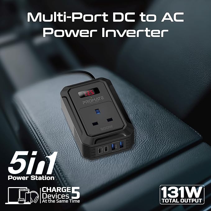 PROMATE 5 in 1 Car Power Inverter DC to AC Multi-Port 200 Watt, Dual USB-C Ports 65 Watt / 30 Watt Power Delivery & Dual QC 18 Watt USB-A Ports, LCD Digital Screen - Image 2